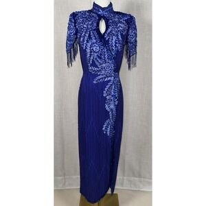 Vintage Ted Lapidus Paris Silk Beaded Sz 8 Dress Fringe Blue Embellished Formal